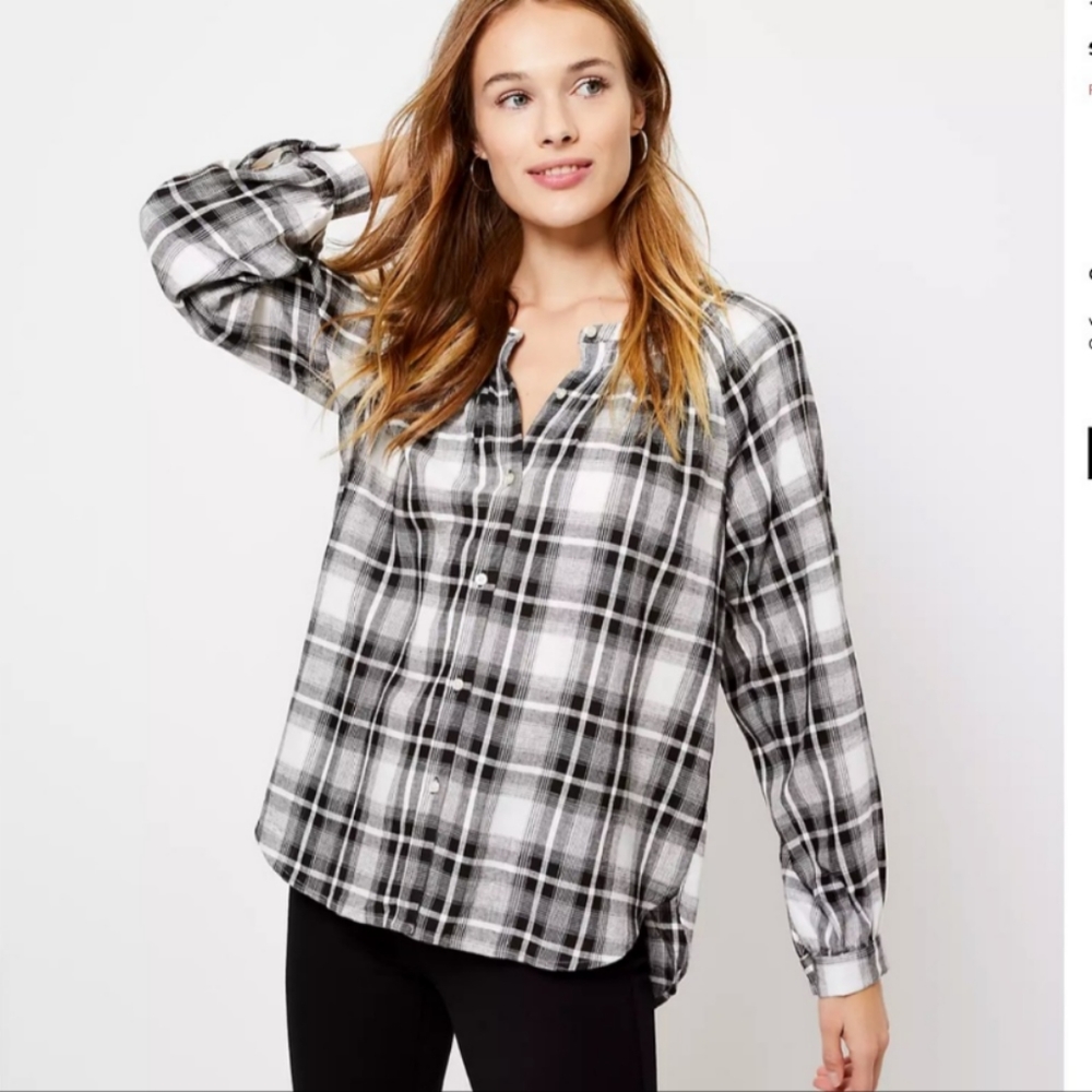 LOFT Smocked Black White Plaid Button Down Blouse Medium